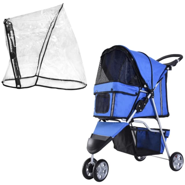 PawHut Dog Stroller, Miniature Dog and Cat Pushchair with Cover, Cup Holder, Storage, Reflective Safety Strips, Blue Aosom UK