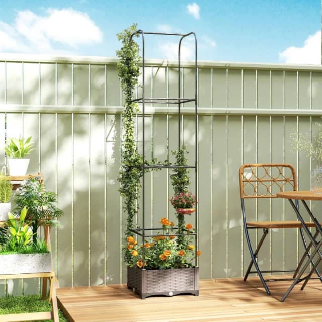 OUTSUNNY Raised Garden Bed with Trellis & Drainage Holes, Drain Plugs in Black Unisex