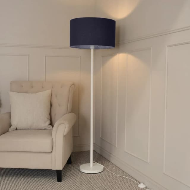 ValueLights Charlie White Single Stem Floor Lamp with Fabric Drum Lamp Shade and LED Bulb Navy