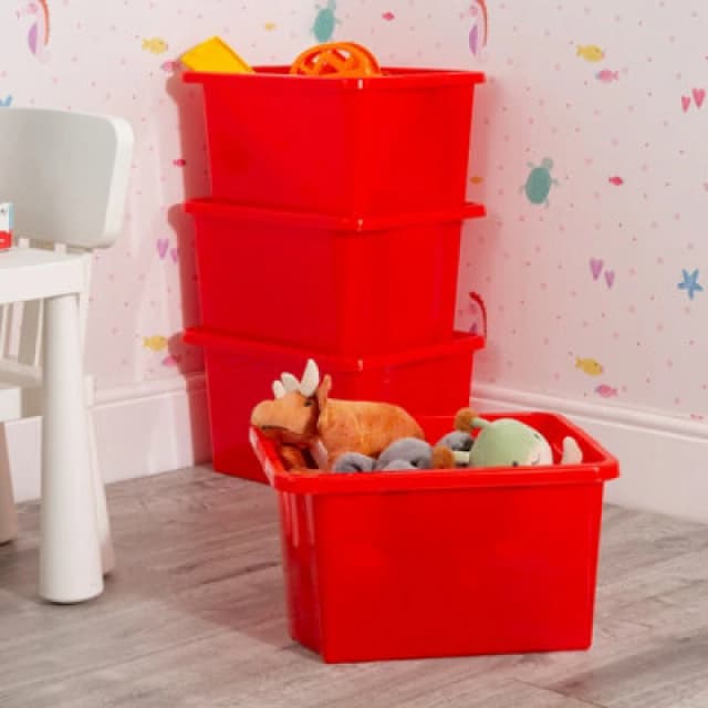 Wham Stack & Store 4X 30L Plastic Storage Boxes. Ideal For Toys, Classrooms & Playrooms. Integrated Handles. Red