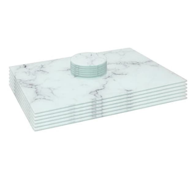 Harbour Housewares 12Pc Glass Placemats & Round Coasters Set - 40 X 30Cm Marble Dining Table Protection Place Mats & Coasters