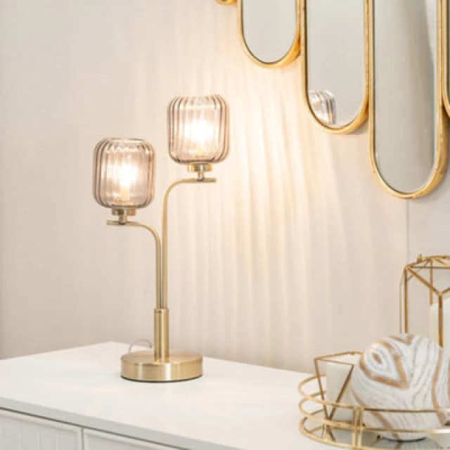 ValueLights Amelie Gold Stem 2 Way Ribbed Glass Lamp Table Light with LED Bulbs Gold