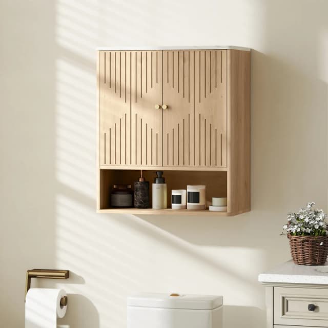 HOMCOM HOMCOM Bathroom Wall Cabinet with Adjustable Shelf and Open Shelf, Oak in Light Oak Light Oak One Size Unisex 5063603609884