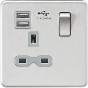 MLA Knightsbridge 13A 1 Gang Socket With Dual USB Charger (2.4A) Brushed Chrome W/Grey Insert - SFR9124BCG