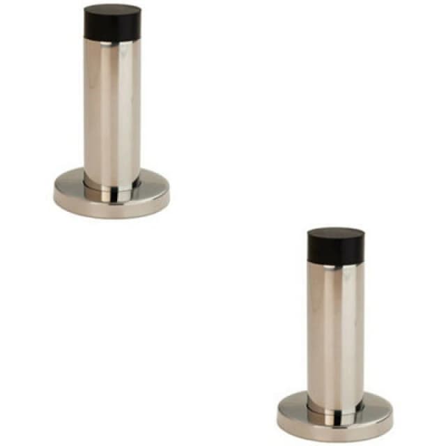 Loops 2x Wall Mounted Doorstop Cylinder on Rose Rubber Tip 76 x 22mm Bright Steel Metallics