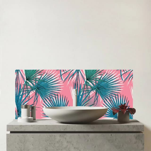 Warren Reed - Designer Pink Green Fan Palms Glass Bathroom Splashback Pink Unisex