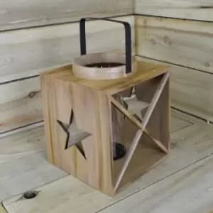 22 x 26cm Wooden Lantern With Decorative Star Cut Outs And Glass Candle Holder