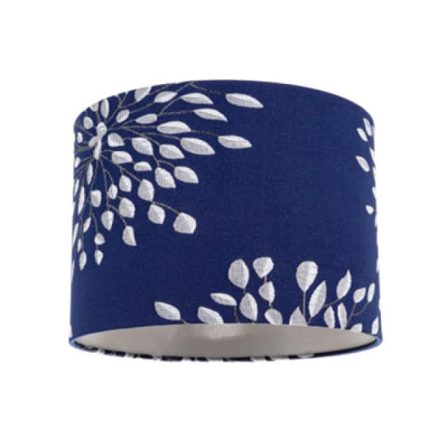 Happy Homewares Modern Navy Midnight Blue Drum Lampshade With Off-White Floral Decoration