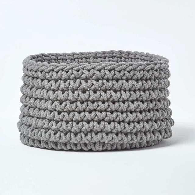 Homescapes Cotton Knitted Round Storage Basket, 37 x 21cm Grey