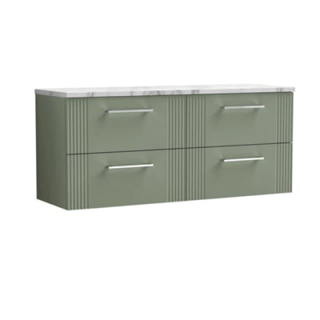 Nuie Deco Wall Hung 4-Drawer Vanity Unit & Carrera Marble Laminate Worktop, Counter Top Vanity Unit In Satin Green, 1200mm