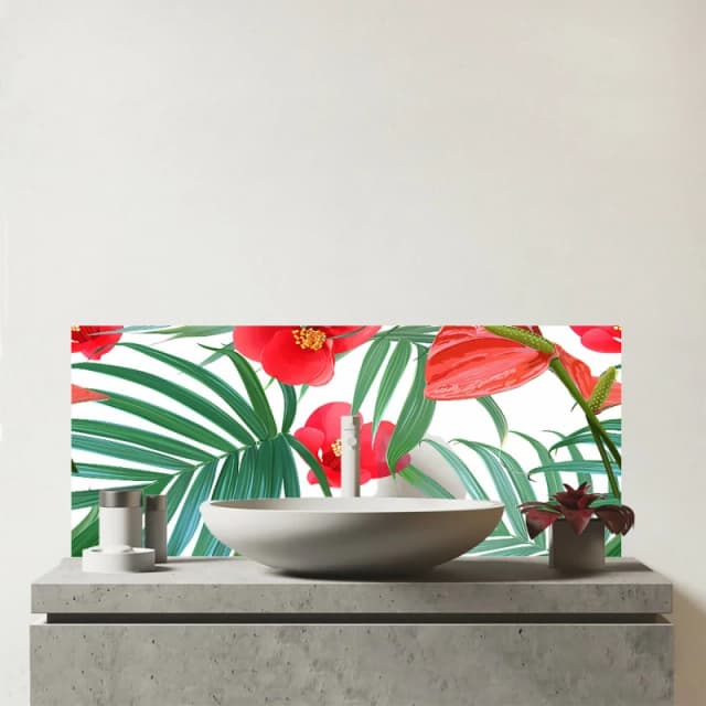 Warren Reed - Designer Tropical Flowers, Palm Leaves Hawaiian Glass Bathroom Splashback in Green Green Unisex