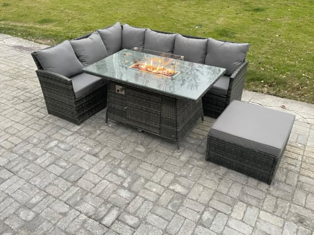 Fimous 7 Seater Rattan Garden Furniture Sets High Back Corner Sofa Fire Pit Dining Table Sets Gas Heater with Big Footstool Dark Grey Mixed Dark Grey