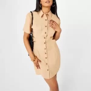 Missguided Cut Out Utility Shirt Dress - Beige