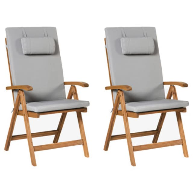 Beliani Set Of 2 Garden Chairs With Cushions Java Premium Acacia Wood Light Grey