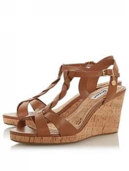 Dune Tan Leather 'Wf Koala' High Wedge Heel Wide Fit T-Bar Sandals - 3