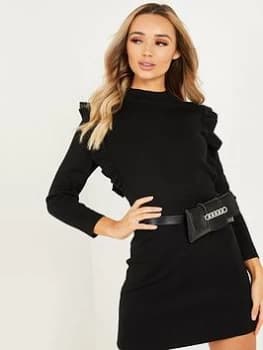 Quiz Black Knitted Frill Jumper Dress - S