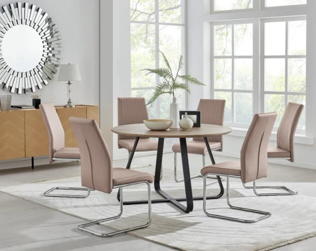 FurnitureboxUK FurnitureboxUK Santorini Brown Wood Effect Dining Table & 6 Black Lorenzo Chairs in Beige Beige One Size Unisex 5056657123987