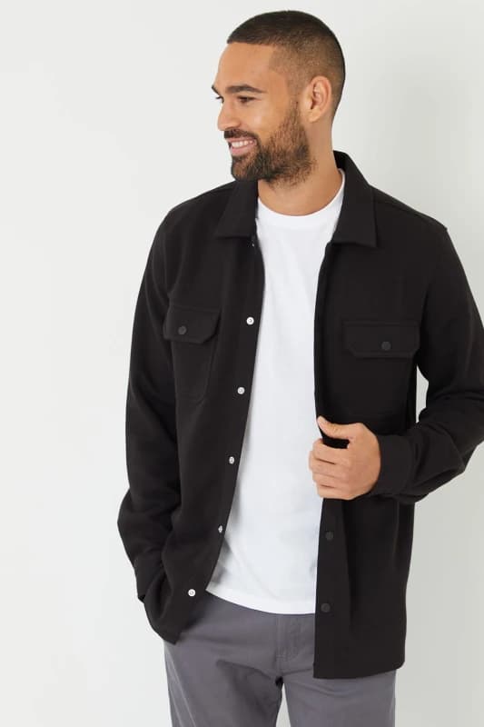 Threadbare Cotton Blend Popper Fastening Pique Shacket Black