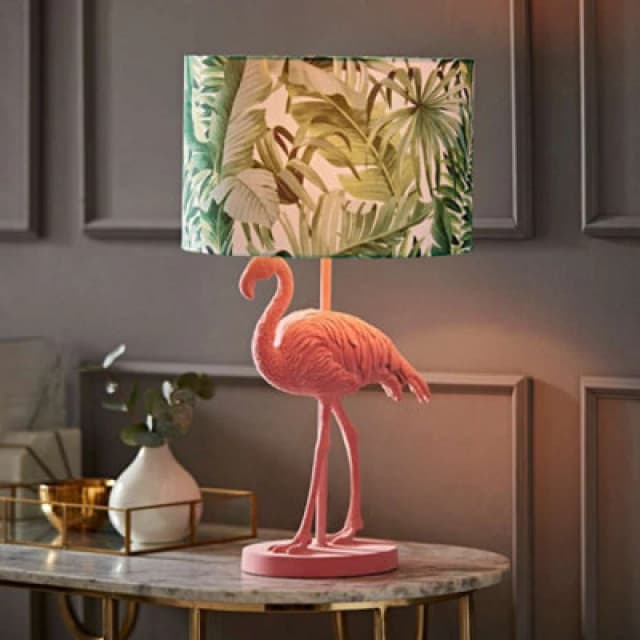 ValueLights Flo Pink Velvet Flamingo Bird Table Lamp With Tropical Palm Leaf Shade Pink