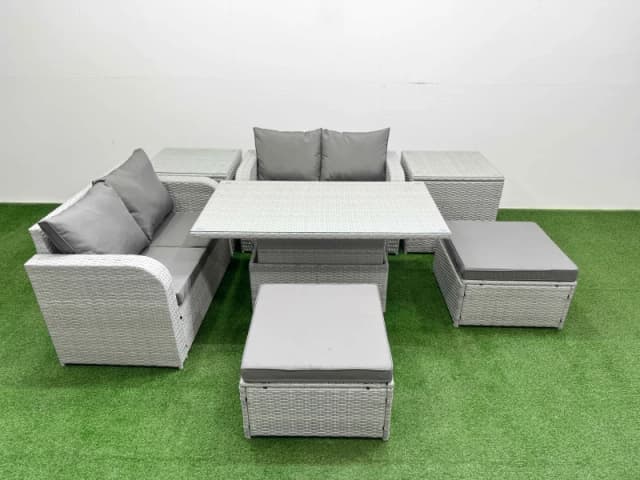 Fimous 6 Seater Outdoor Love Sofa Set Rattan Garden Furniture Set with Adjustable Lifting Dining or Coffee Table 2 Footstool 2 Side Tables Light Grey