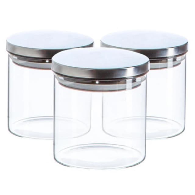 Argon Tableware Glass Storage Jars - Silver Lid - 550Ml - Modern Round Scandi Organisation Container Glass Jar - Set Of 3