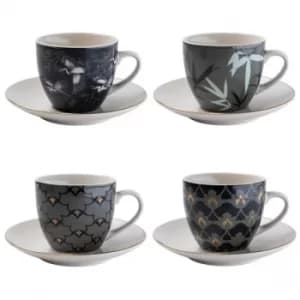 Set of 4 Tea Cups and Saucers in Oriental Heron Design with Gold Rim in Gift Box