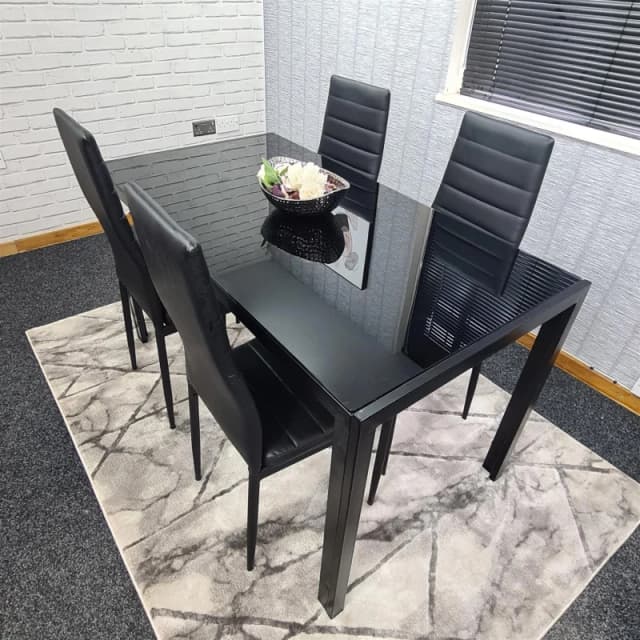 KOSY KOALA Dining Table and 4 Chairs Black Glass 4 Leather Chairs Dining Room Furniture All Black 120 + 4 Black metal chairs
