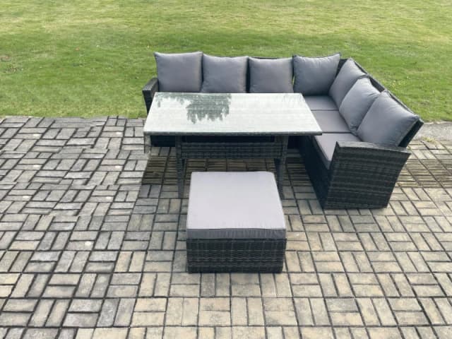 Fimous 7 Seater Garden Rattan Furniture Corner Sofa Dining Table Set with Big Footstool Indoor Outdoor Lounge Sofa Set in Dark Grey Dark Grey Unisex