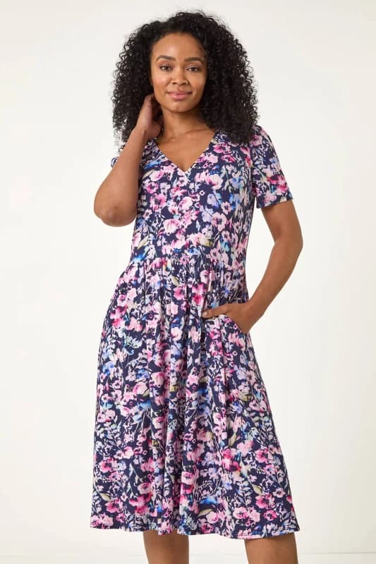 Roman Womens Petite Floral Pocket Midi Dress in Navy Size: 16 Navy Female 16