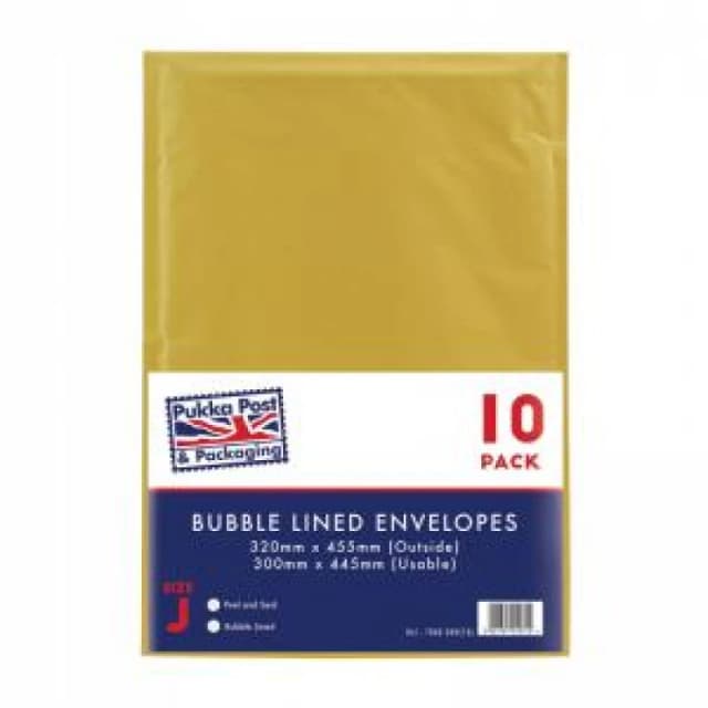 Pukka Post & Packaging Bubble Lined Envelopes Gold Peel and Seal Size J 320mmx455mm - 10 Pack (7068-ENV(10))