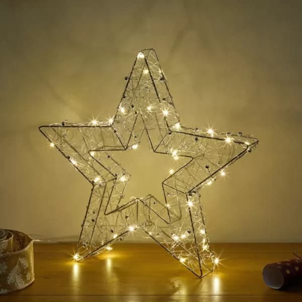 40cm Battery Operated Silver Woven Mesh Christmas Star Decoration with Warm White LEDs