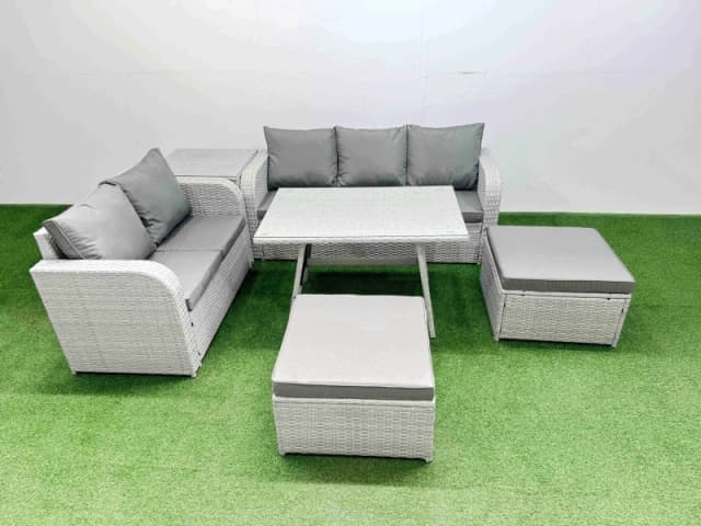 Fimous Rectangular Dining Table Sofa Set with 2 Big Stool Side Table in Light Grey Light Grey Unisex