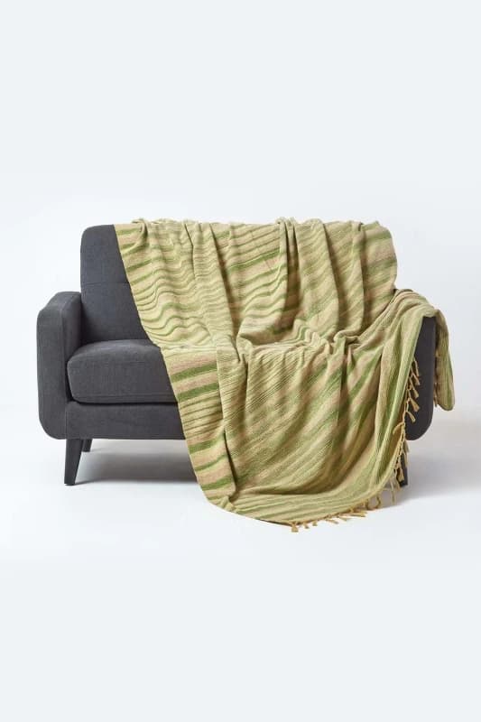 Homescapes Bed Sofa Throw Cotton Chenille Tie Dye Green, 220 X 240 Cm