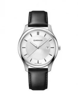 Wenger Swiss Made City Classic Silver Sunray 43Mm Date Dial Black Leather Strap Mens Watch