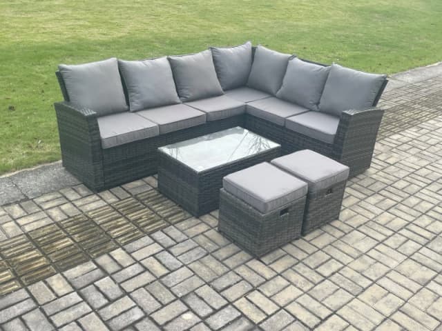 Fimous Wicker PE Outdoor Garden Furniture Set High Back Rattan Corner Sofa Set with Rectangular Coffee Table 2 Small Footstools in Dark Grey Dark Grey