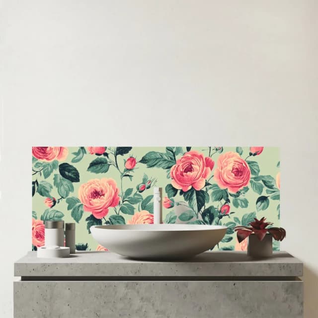 Warren Reed - Designer Sage Green & Pink Roses Glass Bathroom Splashback Multicolor Unisex