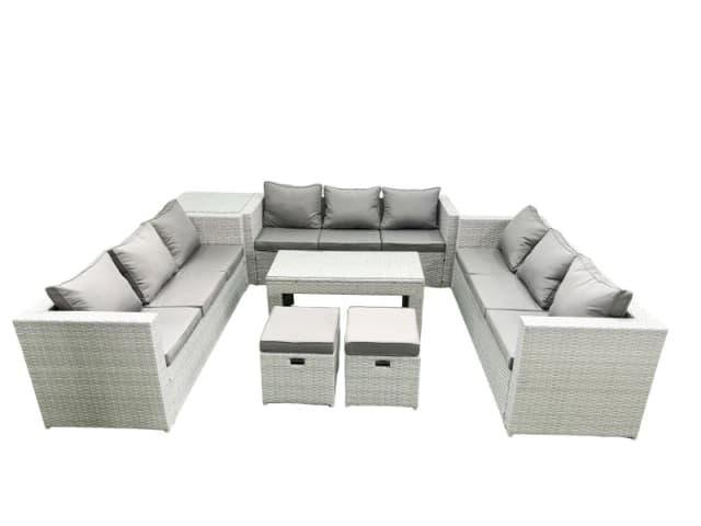 Fimous Rattan Garden Outdoor Furniture Set 11 Seater Garden Sofa Oblong Coffee Table Set with 2 Small Footstool Side Table Light Grey Mixed Light Grey