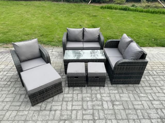 Fimous Rattan Outdoor Garden Furniture Sofa Set Patio Table & Chairs Set with 3 Footstools Dark Grey Mixed Dark Grey