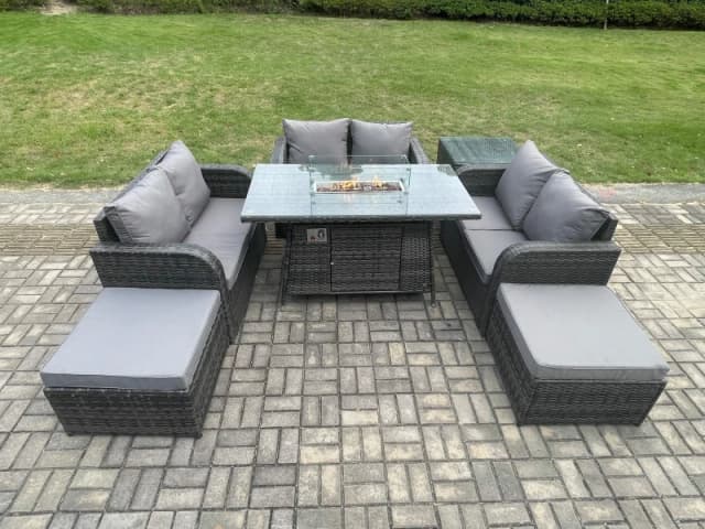 Fimous Rattan Outdoor Garden Furniture Sofa Set Gas Fire Pit Dining Table Gas Heater with Side Table Love Sofa 2 Big Footstool Dark Grey