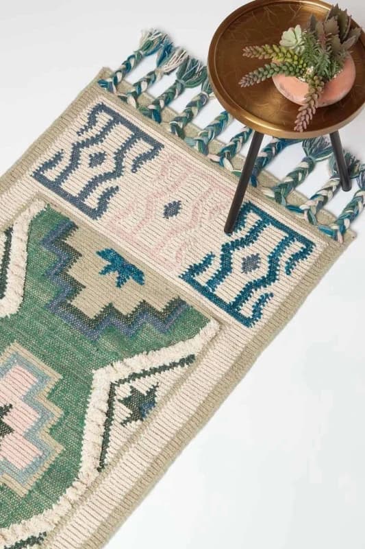 Homescapes Matala Green & Blue Kilim Runner Wool Rug 66 x 200cm Size: 66cm x 200cm Green Unisex 66cm x 200 cm