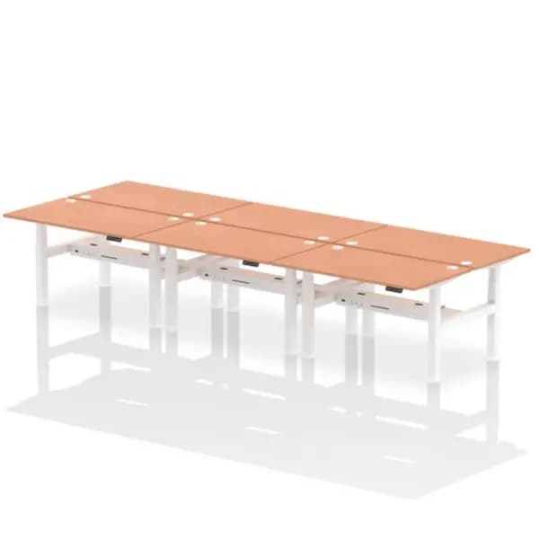 Air Air Back-to-Back 1400 x 800mm Height Adjustable 6 Person Bench Desk Beech Top with Cable Ports White Frame HASCP6P14800BCHW