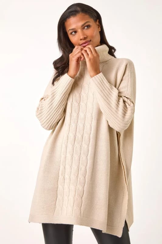 Roman Womens Cable Knit Roll Neck Poncho Jumper in Beige Size: Large/XL Beige Female L/XL