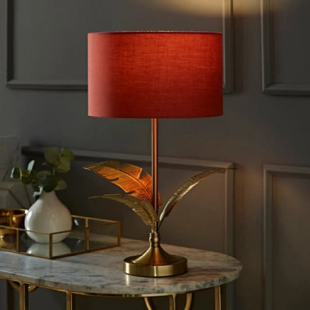 ValueLights ValueLights Christina Fabric Drum Shade Gold Palm Leaf Detail Stem Table Lamp with LED Bulb in Burnt Orange Burnt Orange One Size Unisex 5