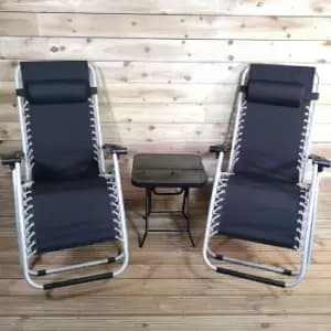 Pair of Multi Position Garden Gravity Relaxer Chair / Sun Loungers with glass drinks table