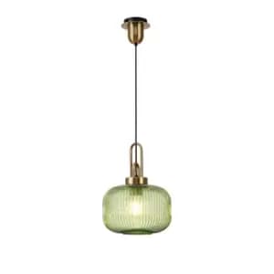 Yorktown E27 Ceiling Pendant With 30cm Pumpkin Ribbed Glass, Brass Gold, Green, Matt Black