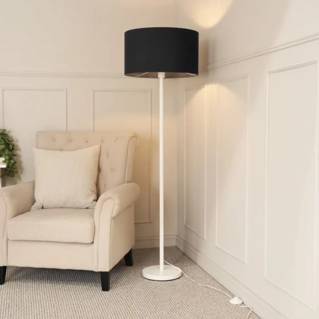 ValueLights Charlie White Single Stem Floor Lamp with Fabric Drum Lamp Shade and LED Bulb Black