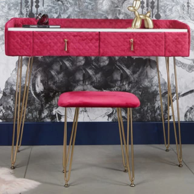 CARME Home Tokyo Glow Velvet Dressing Table With Velvet Stool Raspberry, Red DT044-SET2 RAPS