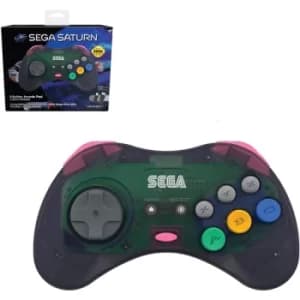 Retro-Bit Official Sega Saturn Clear Grey Wireless Controller 8-Button Arcade Pad for Sega Mega Drive