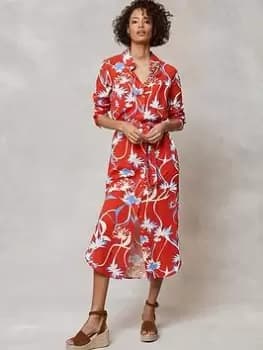 Mint Velvet Addison Floral Print Linen Midi Shirt Dress, Red, Size 18, Women