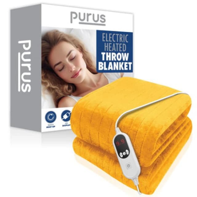 Purus Deluxe Gold Xl Electric Throw Heated Double Over Electric Blanket Soft Fleece 9 Heat & 12 Timer Settings